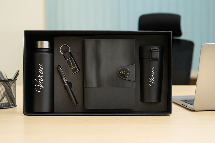 Nexon Flip Diary + Classic Metal Pen + Classy Leather Metal Keychain + Classic Smart Bottle  + Stainless Steel Travell Mug - Black