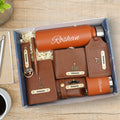 Customized men Gift with Name & Charm, Leather men's Wallett, Passport Cover, Water Bottle, Keychain, Customised Pen - Tann