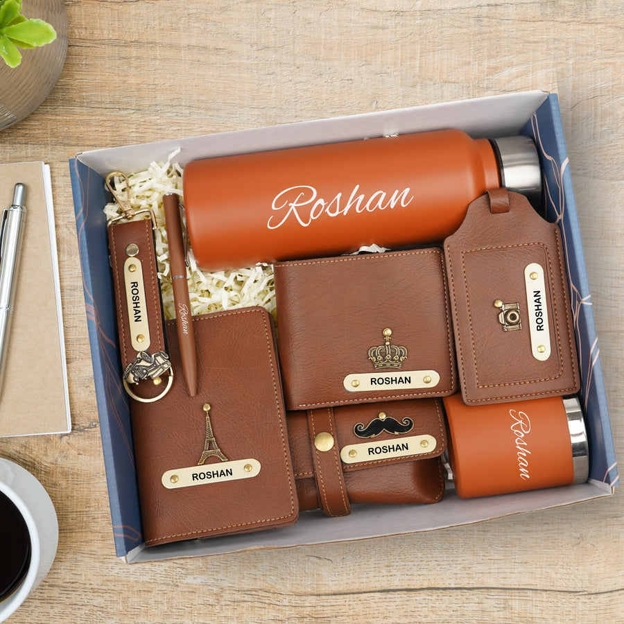 Customized men Gift with Name & Charm, Leather men's Wallett, Passport Cover, Water Bottle, Keychain, Customised Pen - Tann