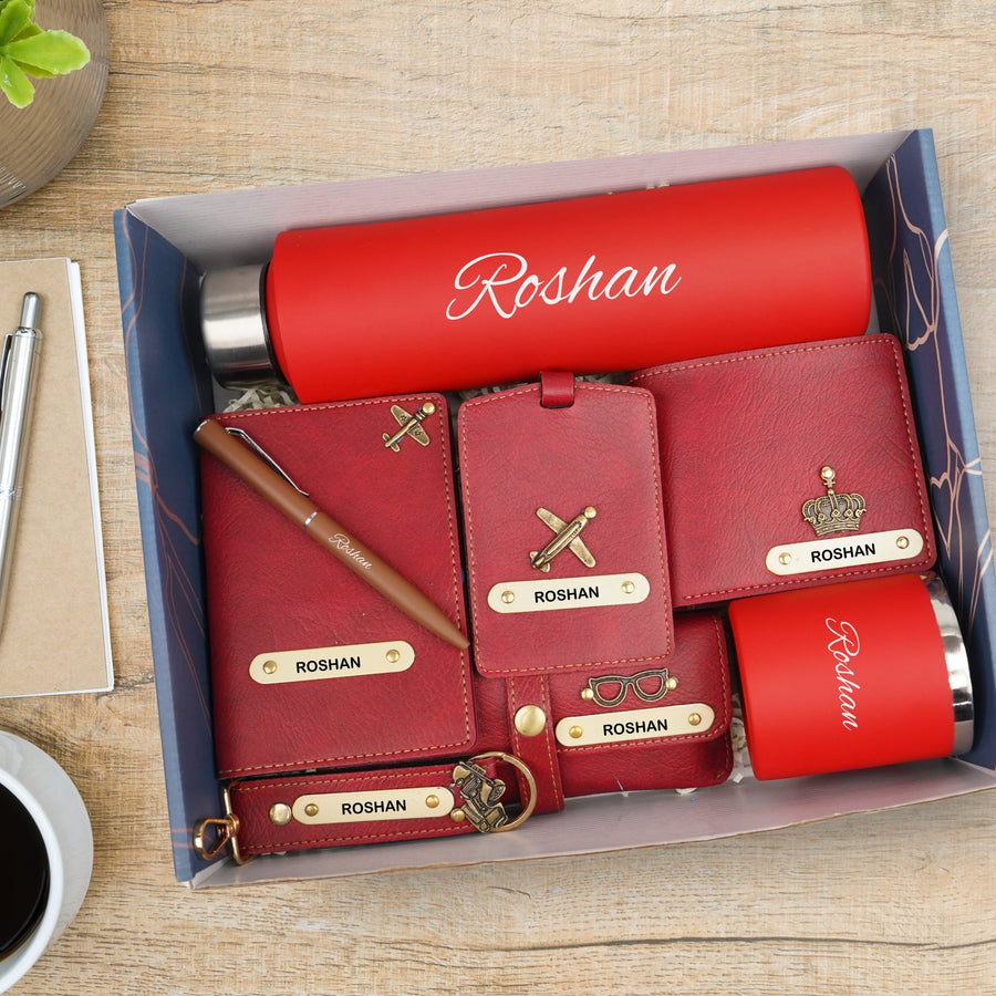 Customized men Gift with Name & Charm, Leather men's Wallett, Passport Cover, Water Bottle, Keychain, Customised Pen - Wine
