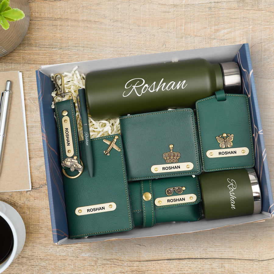 Customized men Gift with Name & Charm, Leather men's Wallett, Passport Cover, Water Bottle, Keychain, Customised Pen - Green