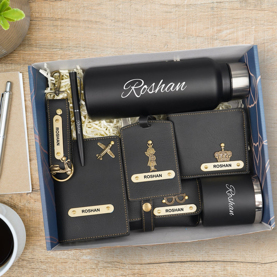Customized men Gift with Name & Charm, Leather men's Wallett, Passport Cover, Water Bottle, Keychain, Customised Pen - Black