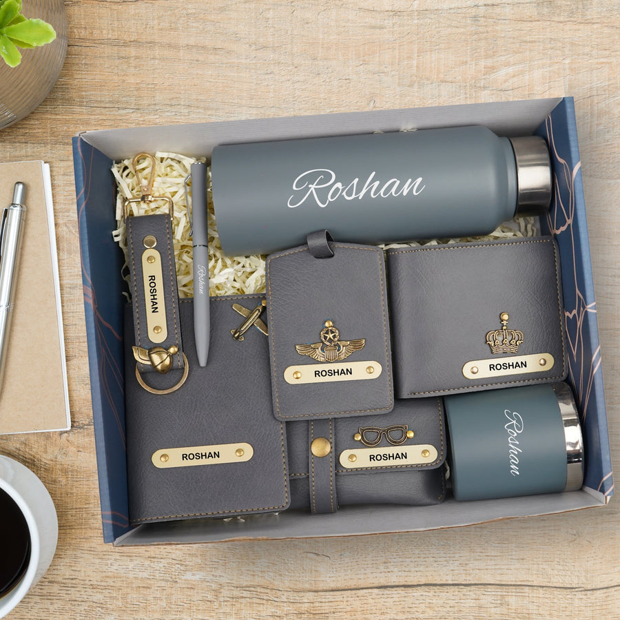 Customized men Gift with Name & Charm, Leather men's Wallett, Passport Cover, Water Bottle, Keychain, Customised Pen - Grey
