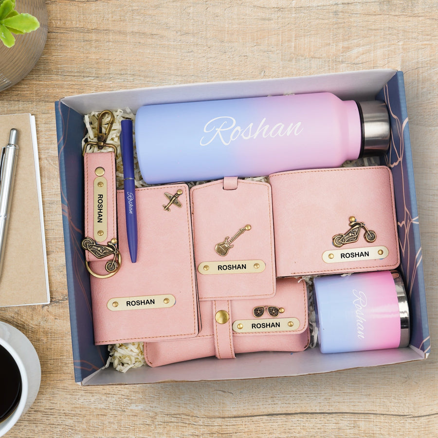 Customized men Gift with Name & Charm, Leather men's Wallett, Passport Cover, Water Bottle, Keychain, Customised Pen - Pink