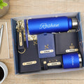 Customized men Gift with Name & Charm, Leather men's Wallett, Passport Cover, Water Bottle, Keychain, Customised Pen - Blue