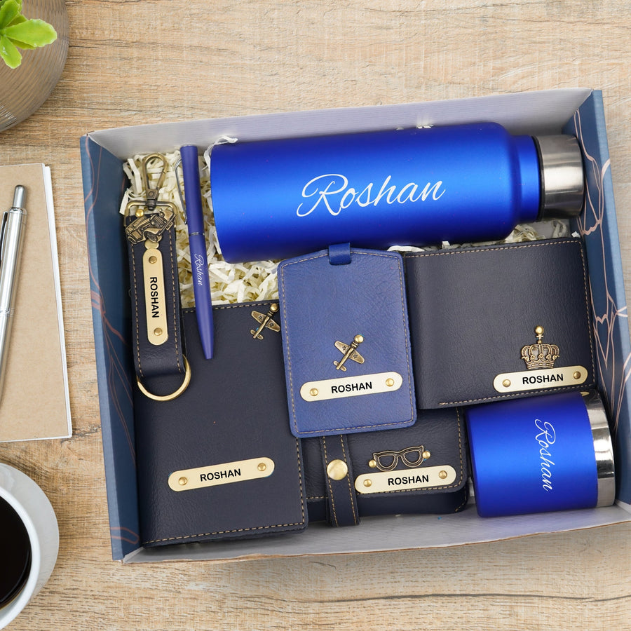 Customized men Gift with Name & Charm, Leather men's Wallett, Passport Cover, Water Bottle, Keychain, Customised Pen - Blue