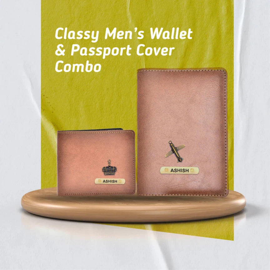 Classy Customized with Name and Charm Men's 2 Pcs Travel Combo - Tan