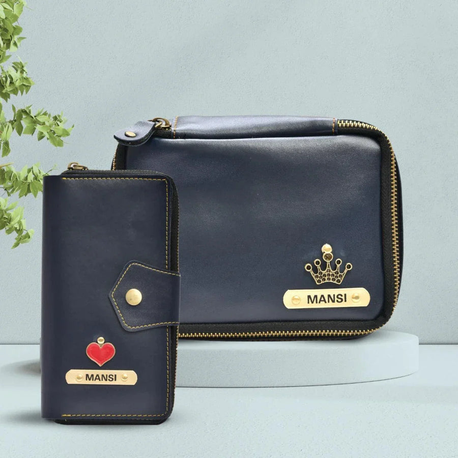 Women's Combo - Mini Makeup Kit & zip around lady Wallet (Royal Blue)