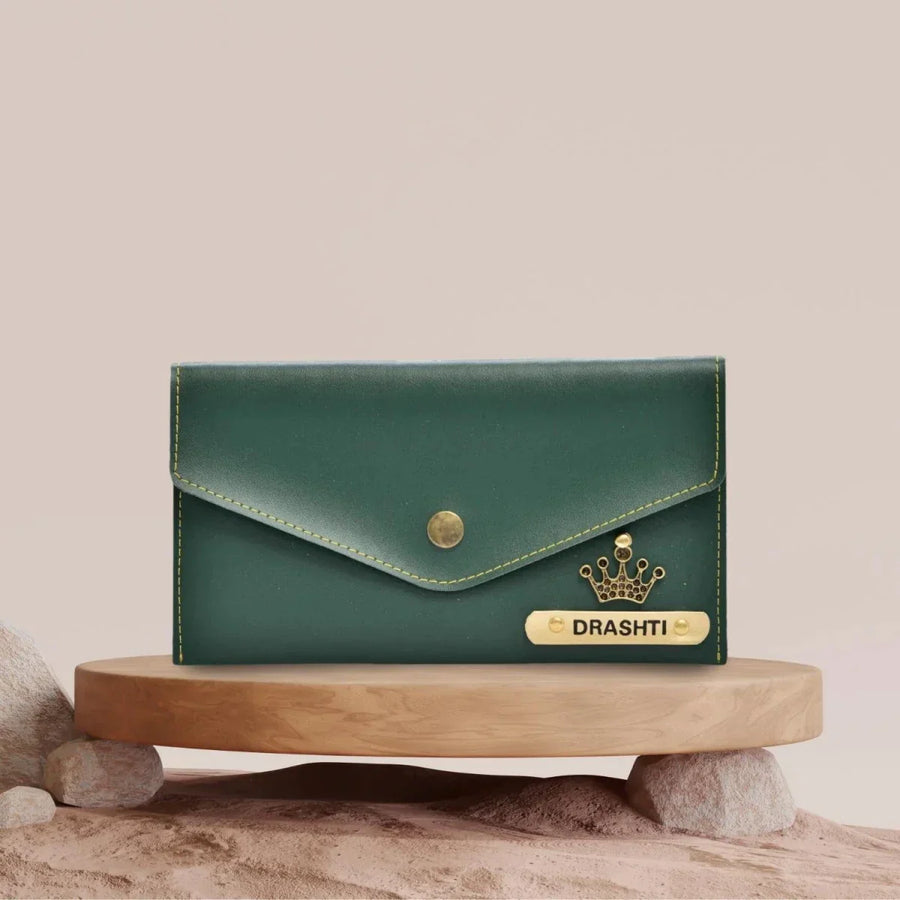 Nexon Leather Personalized Minimal Clutch With Charm - Olive Green