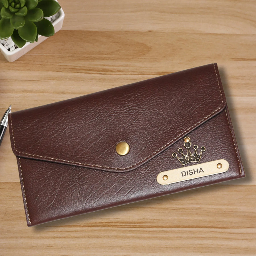 Nexon Leather Personalized Minimal Clutch With Charm - Brown