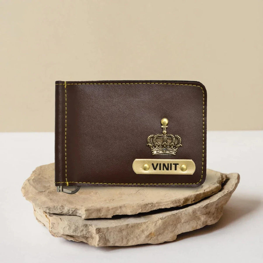 Personalized Vegan Leather Money Clip - Brown