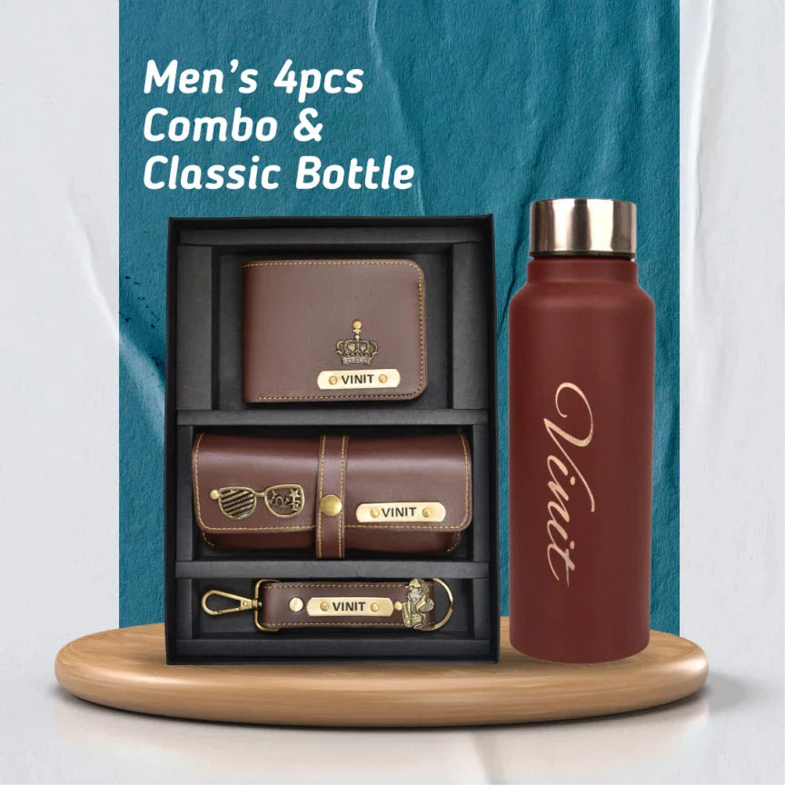 Personalized Best Vegan Leather Combo with Water Bottle - Brown