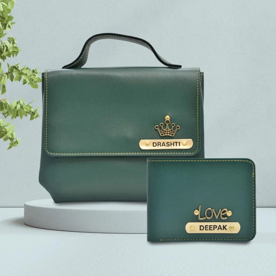 Personalized Couple's Combo : Sling Bag & Men's Wallet - Olive Green