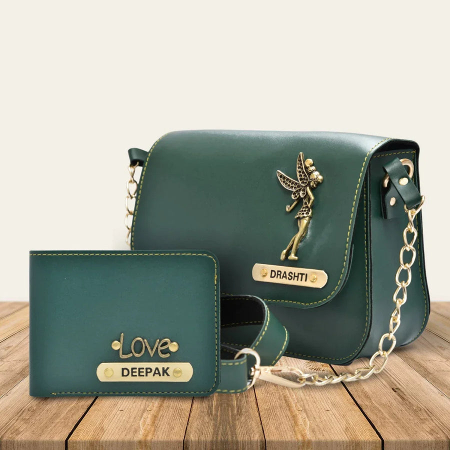 Nexon Leather Personalized Couple's Combo : Chained Sling Bag & Men's Wallet - Olive Green