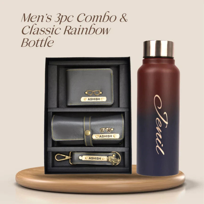 Customized Best Vegan Leather Combo with Water Bottle - Grey