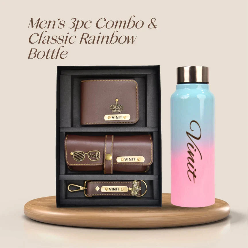 Customized Best Vegan Leather Combo with Water Bottle - Brown