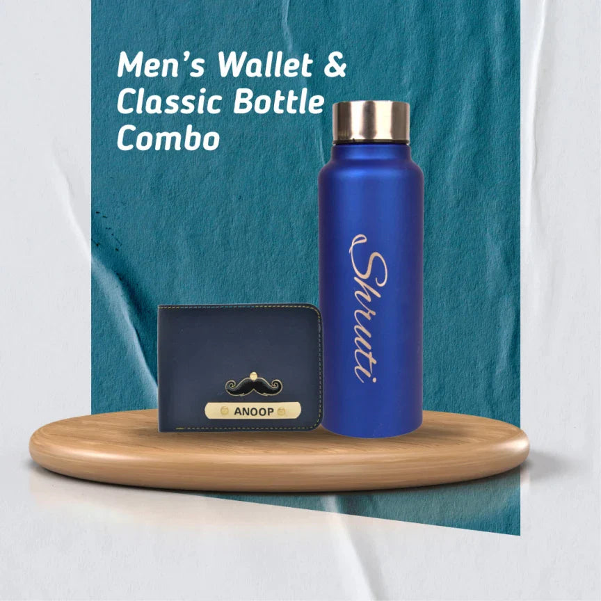Personalized Men's Combo Wallet & Bottle - Blue