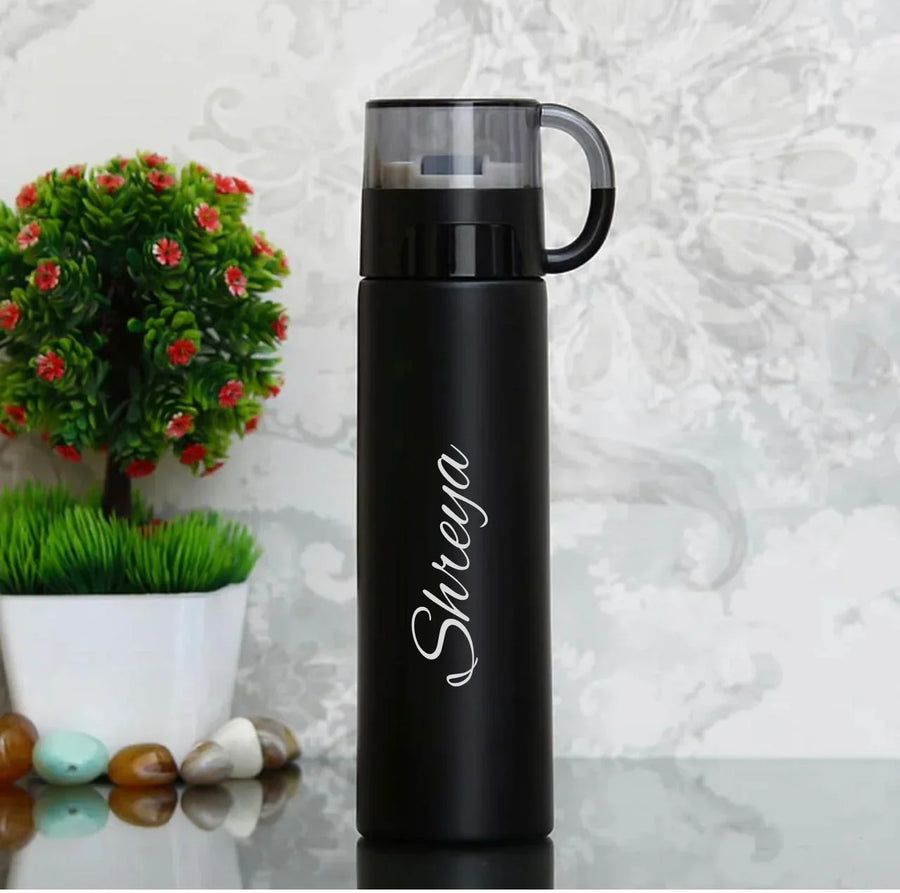 Personalized Stainless Steel Hot & Cold Flask Bottle With Cup 500 ml - Black