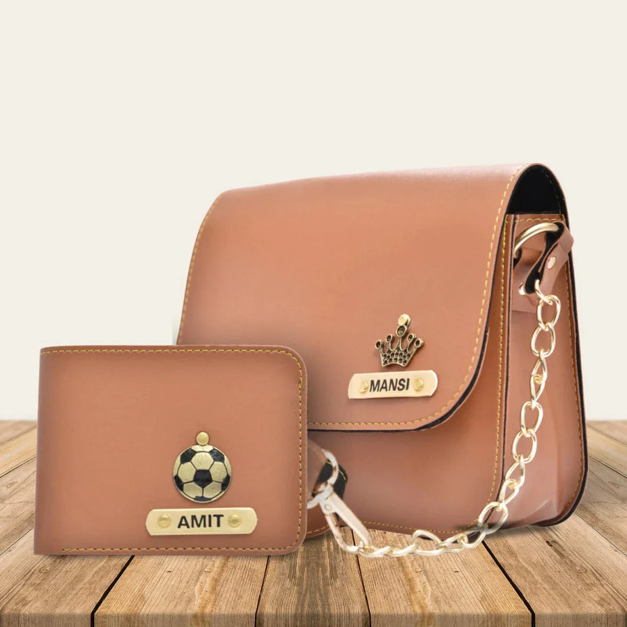 Nexon Leather Personalized Couple's Combo : Chained Sling Bag & Men's Wallet - Tan