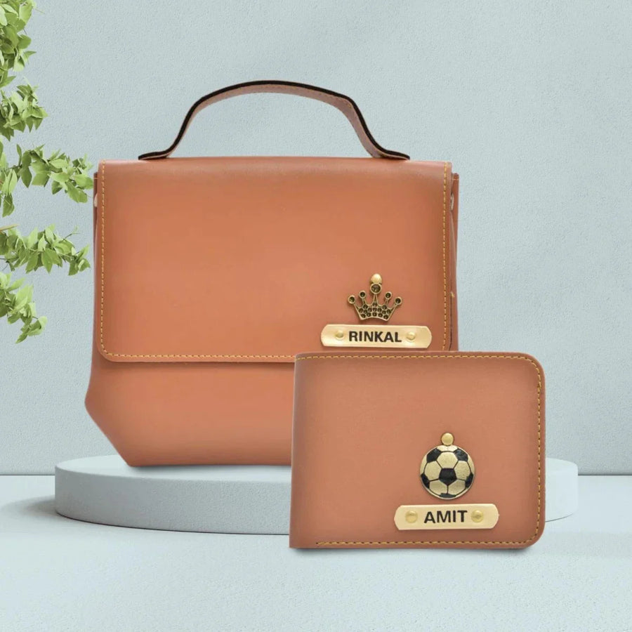 Personalized Couple's Combo : Sling Bag & Men's Wallet - Tan