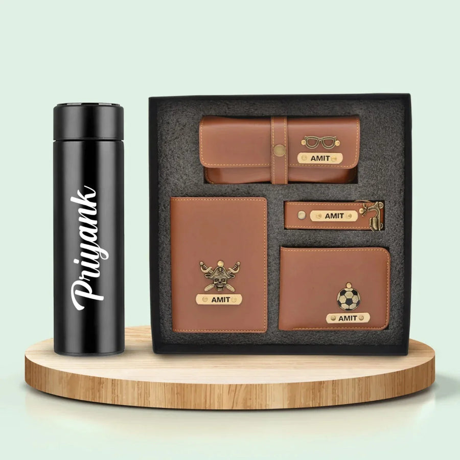 Personalised Temperature Bottle & All in One Men's Combo (4 pcs) - Tan