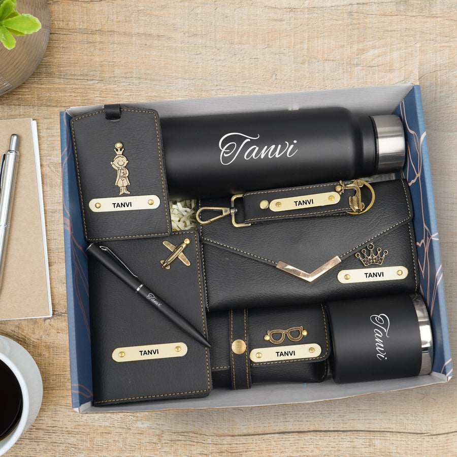 Customized Women Gift with Name & Charm, Leather Lady Wallett, Passport Cover, Water Bottle, Keychain, Customised Pen - Black