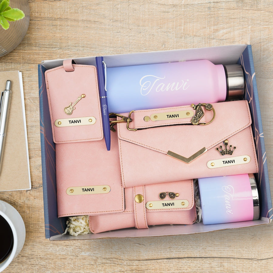 Customized Women Gift with Name & Charm, Leather Lady Wallett, Passport Cover, Water Bottle, Keychain, Customised Pen - Pink