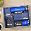 Customized Women Gift with Name & Charm, Leather Lady Wallett, Passport Cover, Water Bottle, Keychain, Customised Pen - Blue