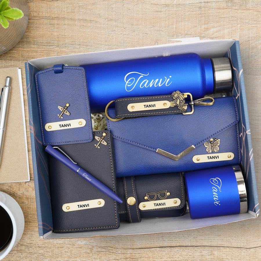 Customized Women Gift with Name & Charm, Leather Lady Wallett, Passport Cover, Water Bottle, Keychain, Customised Pen - Blue