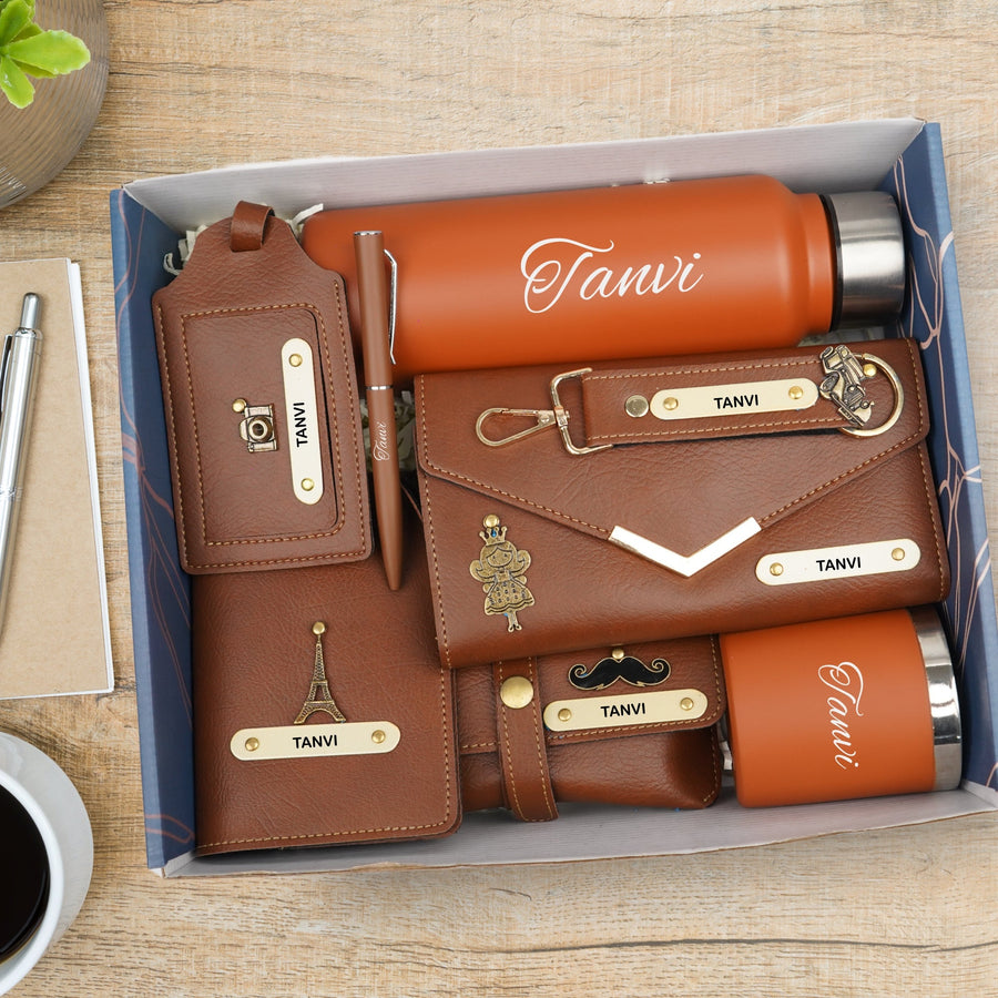Customized Women Gift with Name & Charm, Leather Lady Wallett, Passport Cover, Water Bottle, Keychain, Customised Pen - Tan