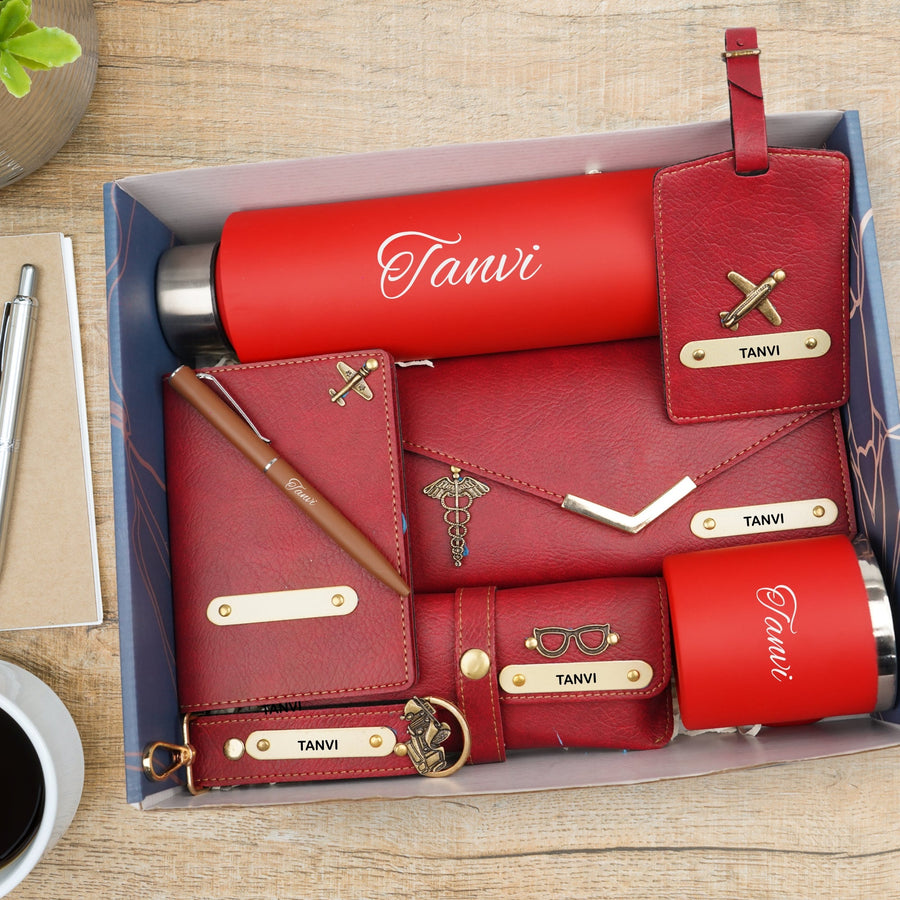 Customized Women Gift with Name & Charm, Leather Lady Wallett, Passport Cover, Water Bottle, Keychain, Customised Pen - Wine