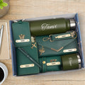 Customized Women Gift with Name & Charm, Leather Lady Wallett, Passport Cover, Water Bottle, Keychain, Customised Pen - Green