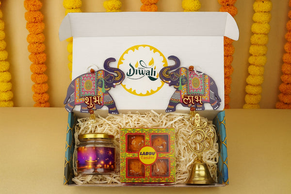 "Diwali Combo 2.0 – 2025 🎉 | Shubh Labh Latkan, Om Bell, Almonds & Ladoo Candles – Premium Gift Set"