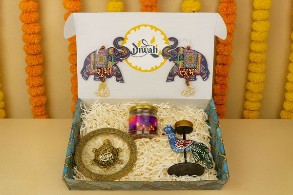 "Diwali Combo 3.0 – 2025 🎉 | Peacock Tea Candle, Kachua Lucky Charm, Almonds & Shubh Labh Latkan – Premium Gift Set"