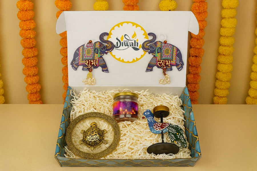 "Diwali Combo 3.0 – 2025 🎉 | Peacock Tea Candle, Kachua Lucky Charm, Almonds & Shubh Labh Latkan – Premium Gift Set"