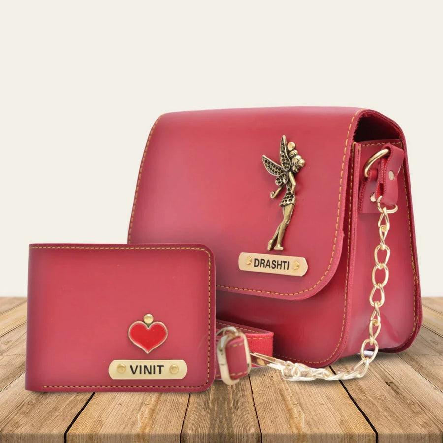 Nexon Leather Personalized Couple's Combo : Chained Sling Bag & Men's Wallet - Wine