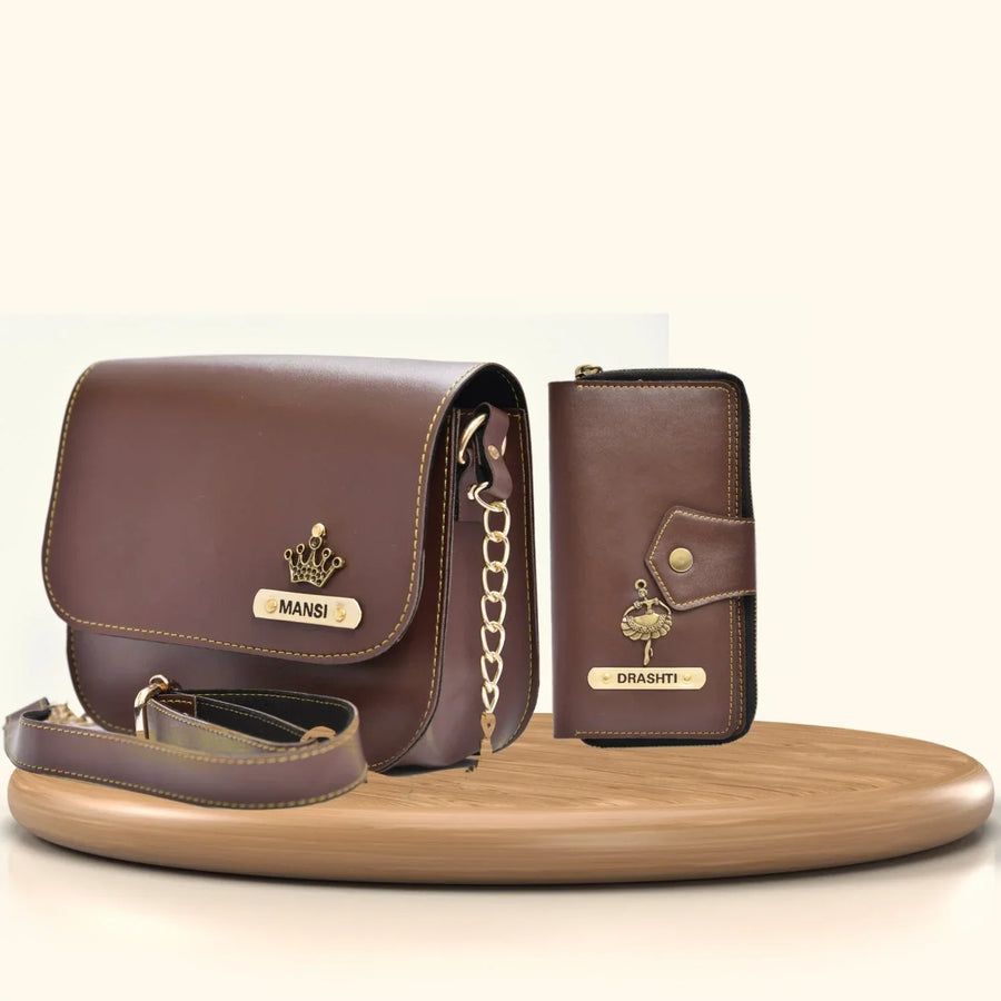 Women's Combo : Premium Lady Wallet & Chained Sling Bag - Brown