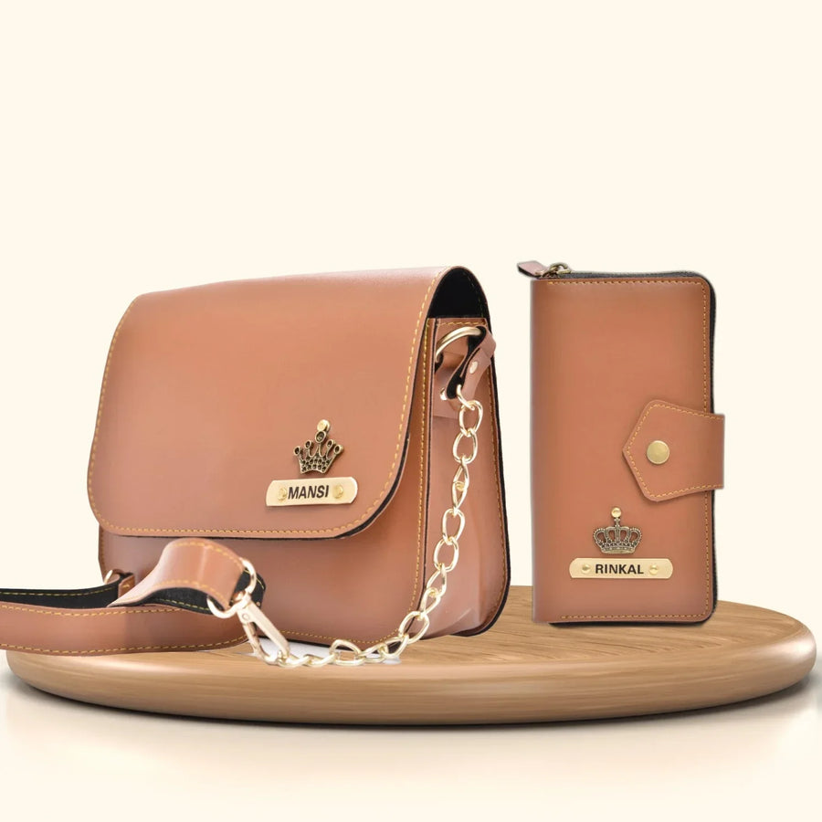 Women's Combo : Premium Lady Wallet & Chained Sling Bag - Tan