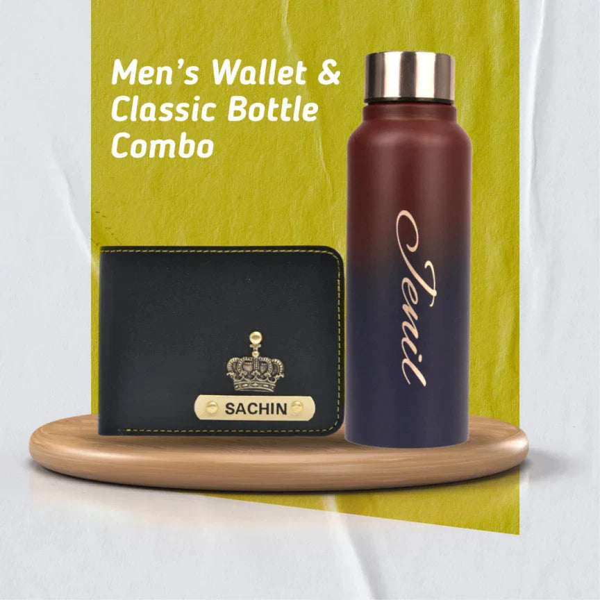 Personalized Men's Combo Wallet & Multicolor Bottle - Black
