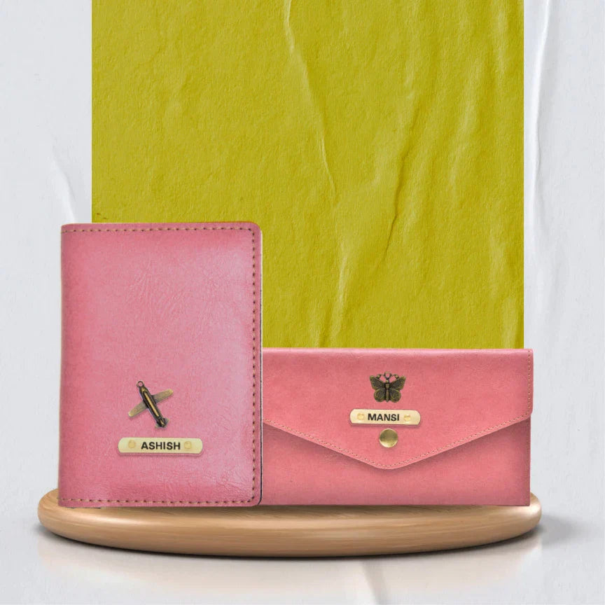 Customized Classy Leather Lady Wallet and Passport Cover Combo - Peach