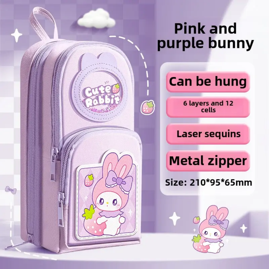 Kawaii Cute Rabbit Double Layer Multipurpose Pencil Stationery Pouch ( 1pc )
