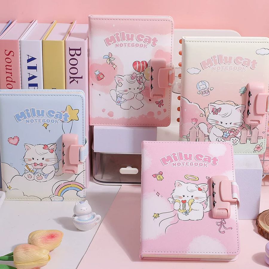 Milu Cat Kawaii Combination Lock Notebook Diary ( 1pc )