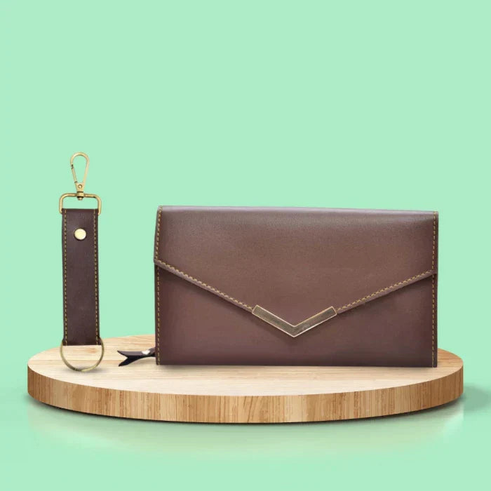 Vegan Leather Lady Wallet and Keychain - Brown